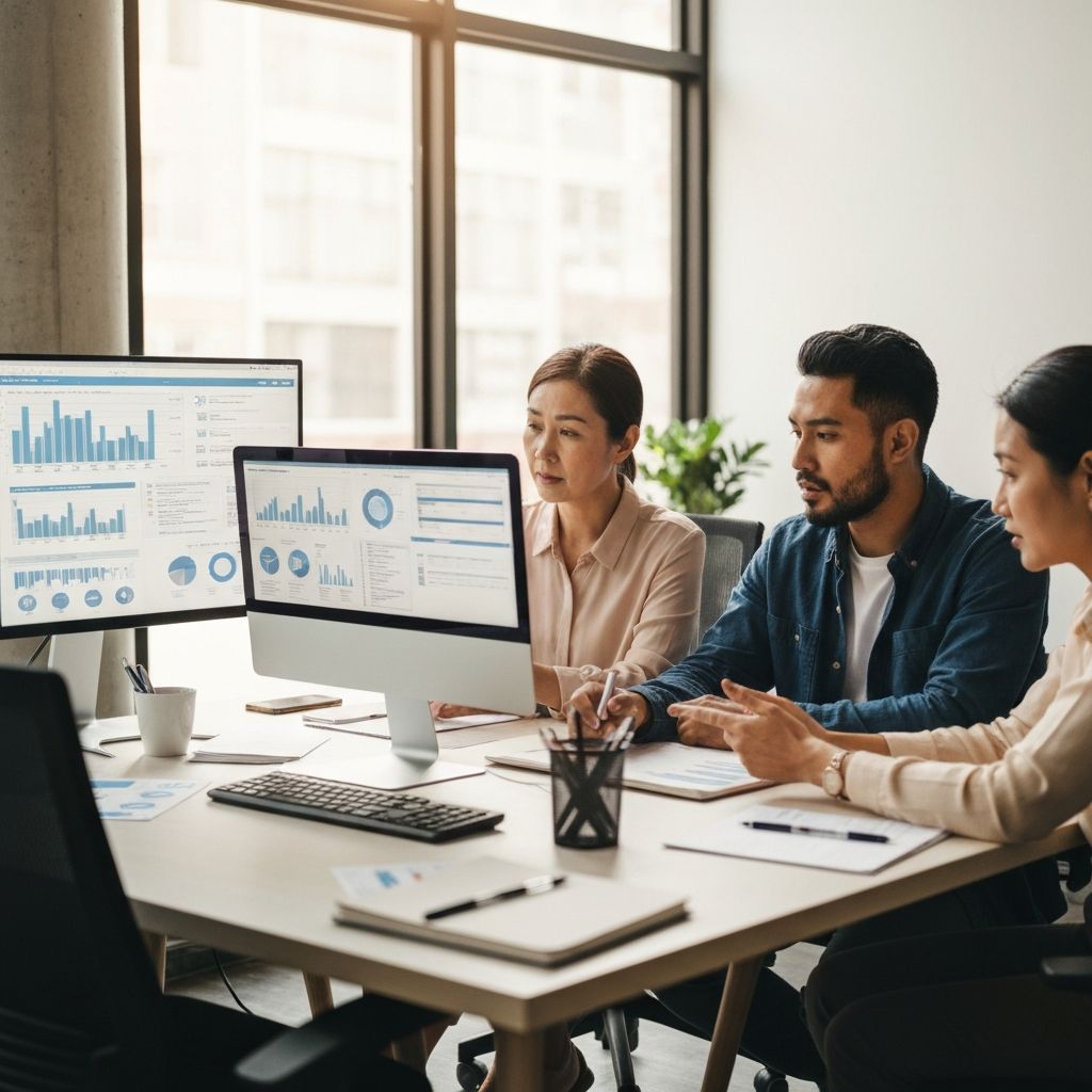 Equipo de consultores financieros analizando datos en pantallas, desarrollando estrategias personalizadas de gestión de presupuesto para cadenas de retail
